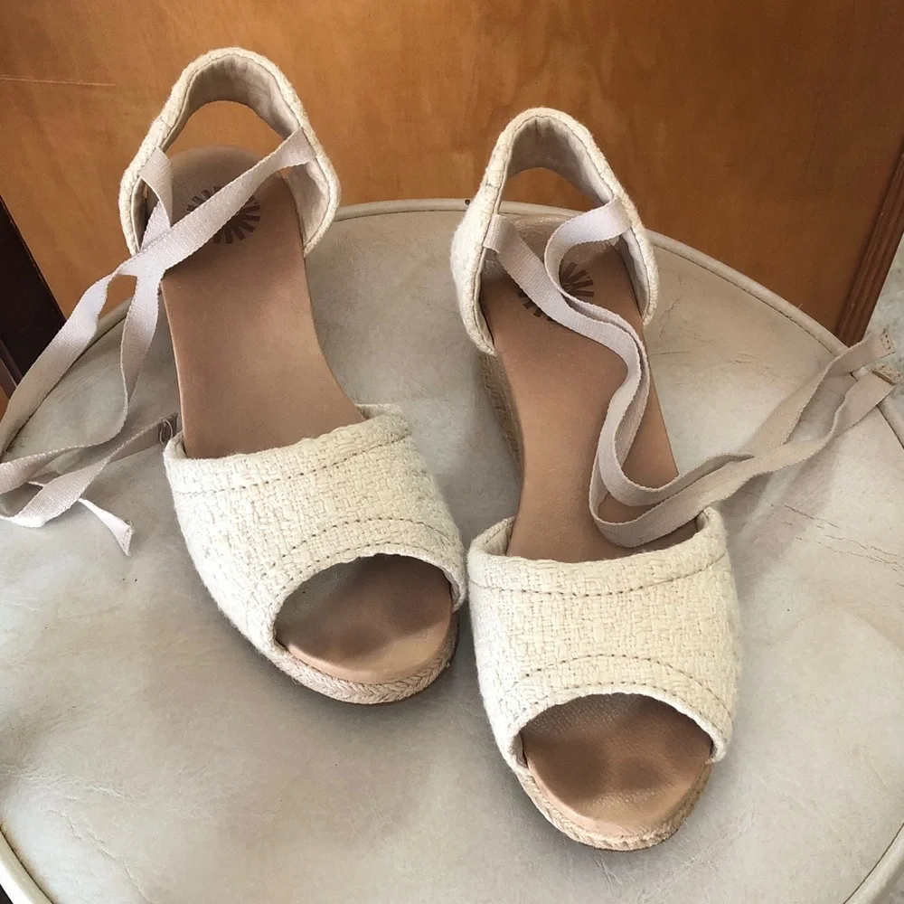 UGG Cream Espadrille Wedge Sandals with Ankle Tie
